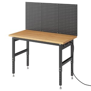 60 Inch Mobile Workbench with Power Outlets, Storage Shelves & Pegboard, Durable Rubber Wood Top Work Table - 1 of 4