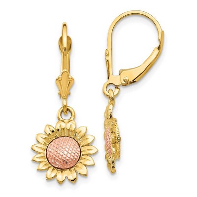 Black Bow Jewelry Two Tone Sunflower Lever Back Earrings in 14k Yellow and Rose Gold
