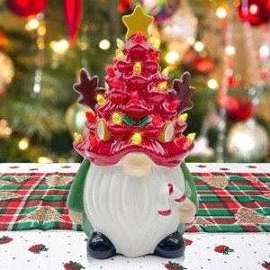 Christmas Gnome Christmas Tree, 8In Mini Ceramic Lighted Christmas Tree, Small Mini Prelit Xmas Holiday Decor for Tabletop Home Room Table Fireplace - 1 of 4