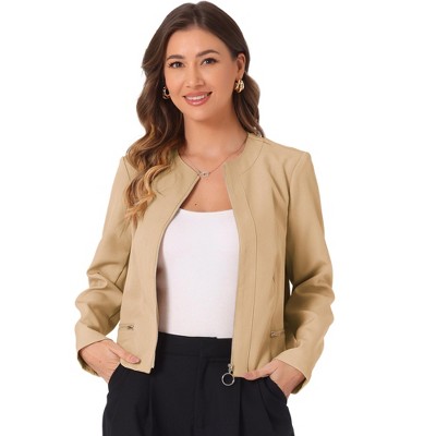 INSPIRE CHIC Women's Collarless Zipper Pockets Casual Open Front Cropped Jacket