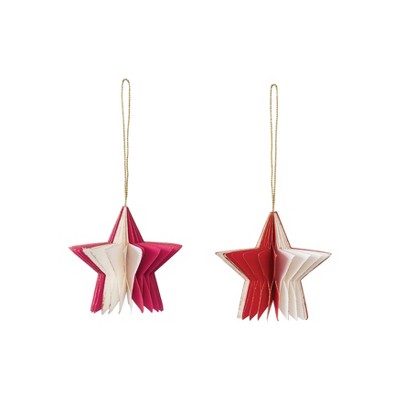 Storied Home Paper Folding Honeycomb Star Ornament Set with Gold Glitter Edge, Red and Cream, Set of 2