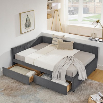 Vynxaria Full Size Upholstered Tufted Bed Frame with Two Drawers, Sofa Bed Frame, Velvet, Grey(79.5''x58''x25'')
