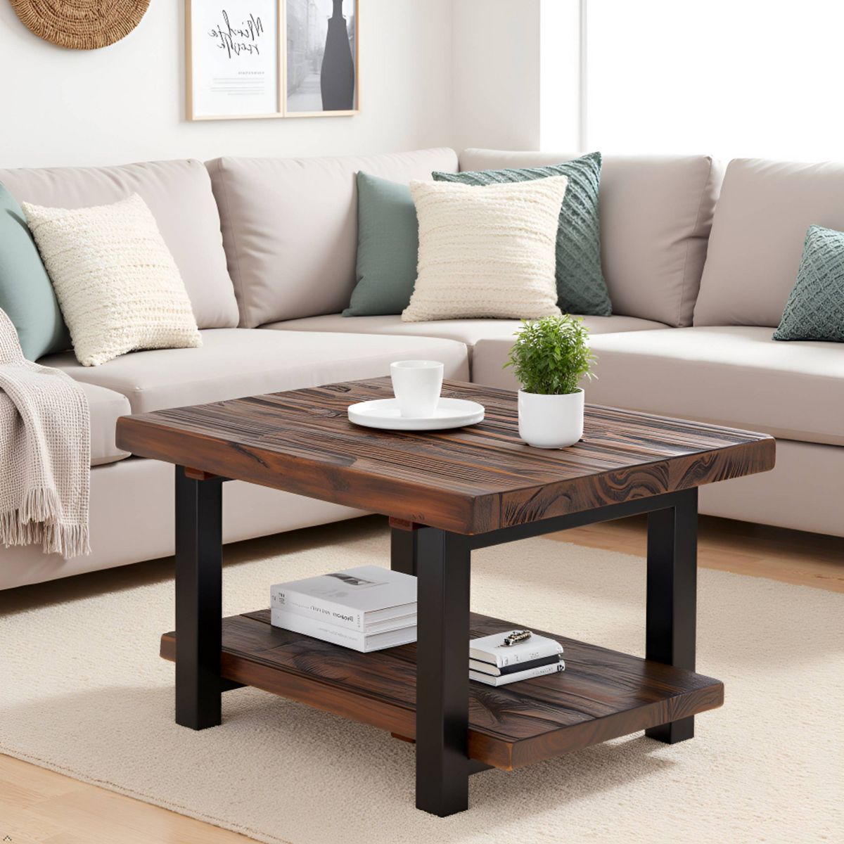Pomona Metal and Wood Square Coffee Table - Alaterre Furniture - thumbnail 6
