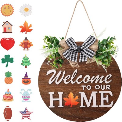 Attop Rustic Interchangeable Welcome Sign with 14 Season Icons - 12" Round Wood Wreath for Front Doors, All Holiday Farmhouse Porch Decor