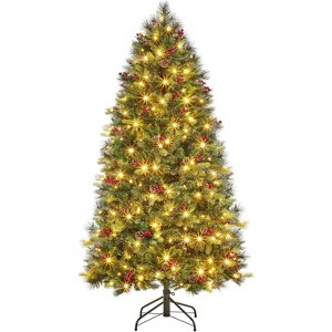6FT Prelit Artificial Christmas Tree- Fluffy Fraser Fir with Pine Cones & Berries 350 Warm White Lights, for Home Party - 1 of 4