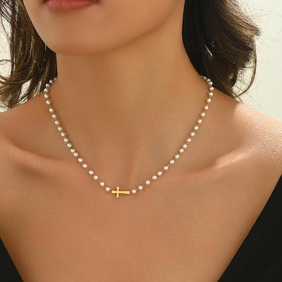 HTUTWOO Cross Necklace for Women 18K Gold Plated Cross Pendant Necklace Dainty Simple Cross Choker Necklaces Pearl Chain Trendy Faith Jewelry Gift