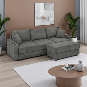 Modern 102" Corduroy L-Shaped Sectional Sofa with Storage Ottomans, Cup Holders & Phone Holder - 1 of 4