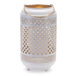 HomeRoots 14" White And Gold Pierced Lattice Metal Lantern Candle Holder - 1 of 4
