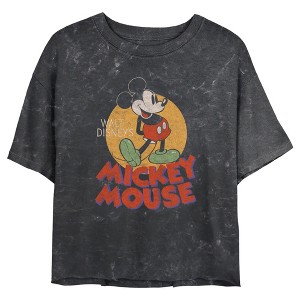 Juniors Womens Mickey & Friends Retro Distressed Spotlight Mineral Wash Crop T-Shirt - 1 of 4