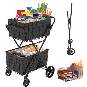 HTUTWOO 2 Layers Grocery Cart on Wheels, Jumbo Folding Utility Carts with Double Basket Waterproof Liner for Easy Transport, Groceries, Shopping - 1 of 4