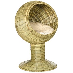PawHut Hooded Elevated Cat Bed Rattan Kitten Condo Round with Cushion - 1 of 4