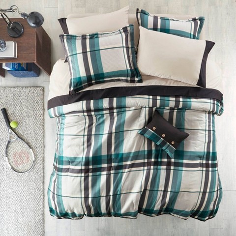 Intelligent Design Queen Rick Plaid Microfiber Soft Comforter Set with Bed Sheet Teal Blue: Hypoallergenic, OEKO-TEX Certified, 9pc