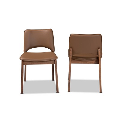 Brown Faux Leather Upholstered Wood Arm Chair with Cane Back