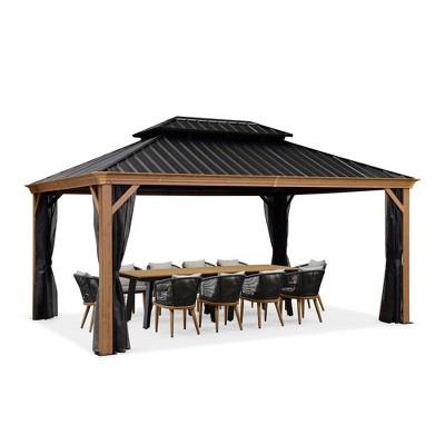 PURPLE LEAF Outdoor Hardtop Gazebo for Patio Galvanized Steel Double Roof Permanent Canopy Teak Finish Aluminum Frame Pavilion Gazebo with Netting