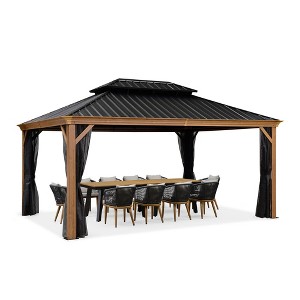 PURPLE LEAF Outdoor Hardtop Gazebo for Patio Galvanized Steel Double Roof Permanent Canopy Teak Finish Aluminum Frame Pavilion Gazebo with Netting - 1 of 4