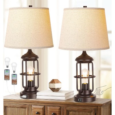 ROTTOGOON 23" Table Lamps Farmhouse Rustic USB Ports Touch Control 3-Way Dimmable 2 LED Night Lights 2700K Bulbs 2-Pack