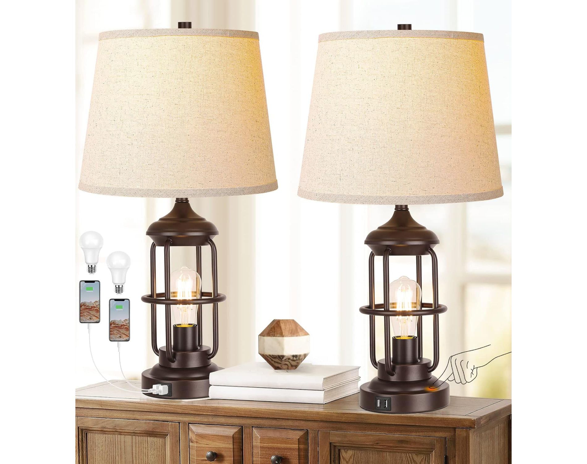 ROTTOGOON 23" Table Lamps Farmhouse Rustic USB Ports Touch Control 3-Way Dimmable 2 LED Night Lights 2700K Bulbs 2-Pack