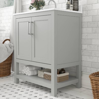 Gray Freestanding Bathroom Vanity with Carrara Marble Top and Ceramic Sink