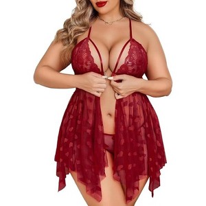 Avidlove Plus Size Lingerie Lace Babydoll Womens Teddy Chemise V Neck Nighty Mesh Sleepwear Front Slit Nightdress - 1 of 4