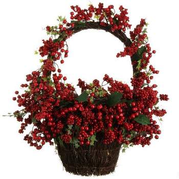 Raz Imports 22" Country Rustic Red Rosehip Berries and Vines Decorative Christmas Wall Basket