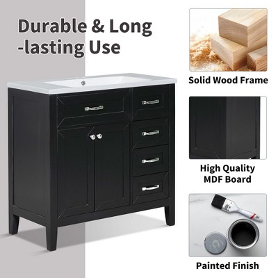 36 Inch Black Solid Wood Bathroom Vanity with 3 Drawers