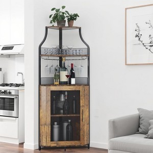 Homfan 5-Tier Corner Bar Cabinet with Lights, Adjustable Shelves & Glass Doors - Home Liquor Wine Display - 1 of 4