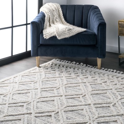 Ansley Moroccan Lattice Tassel Shag Area Rug, 7x9, Beige