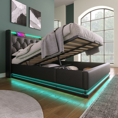 NicBex Lift Up Bed Frame with Charging Station and LED Lights,Upholstered Bed Frame with Button Tufted Wingback Storage Headboard,Black/Gray