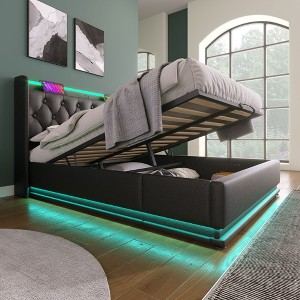NicBex Lift Up Bed Frame with Charging Station and LED Lights,Upholstered Bed Frame with Button Tufted Wingback Storage Headboard,Black/Gray - 1 of 4