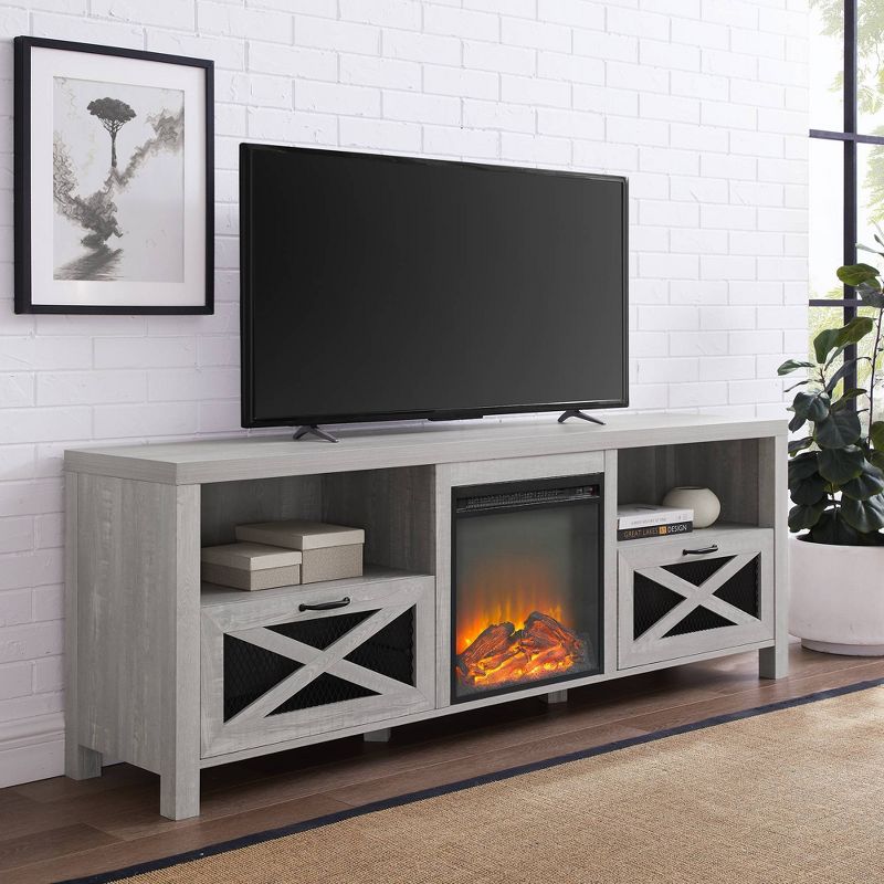 Newark Industrial Farmhouse Drop Down Metal Mesh X Door with Electric Fireplace TV Stand for TVs up to 80" - Saracina Home, 5 of 13