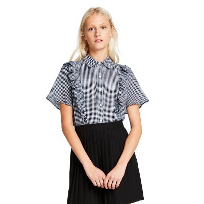 Women's Gingham Short Sleeve Ruffle Button-Down Shirt - Sandy Liang x Target Black XXS