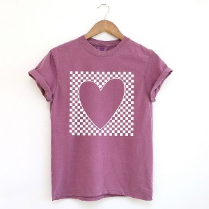 Simply Sage Market Women's Checkered Heart Cut Out Short Sleeve Garment Dyed Tee - 1 of 4