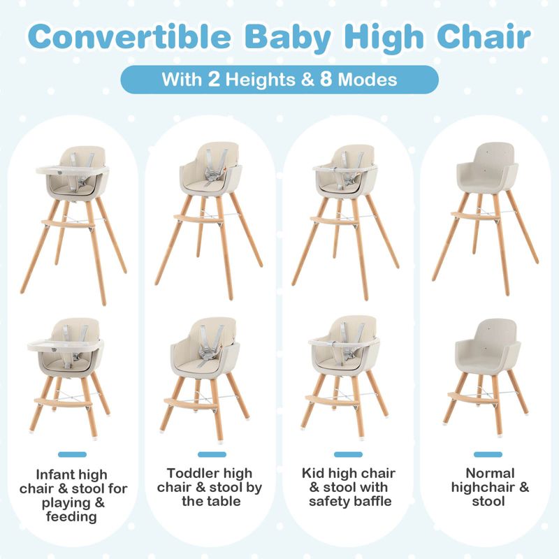 Infans 3 in 1 Convertible Wooden High Chair Baby Toddler w/ Cushion Beige, 3 of 8