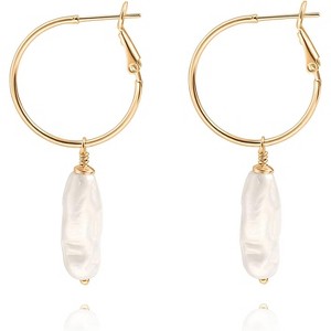 Gold Huggie Hoop Earrings with Pearl Drop Charms - Handmade Karma Circle Jewelry, Lightweight Christmas Gift - 1 of 4