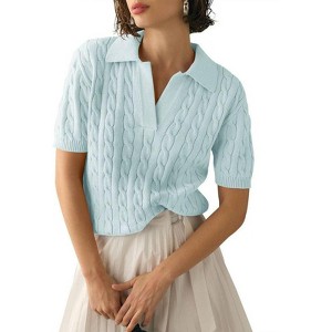 Women's Cable Short Sleeve Sweaters Tops Solid Lapel V Neck Cable Knit Casual Soft Pullover Shirt - 1 of 4