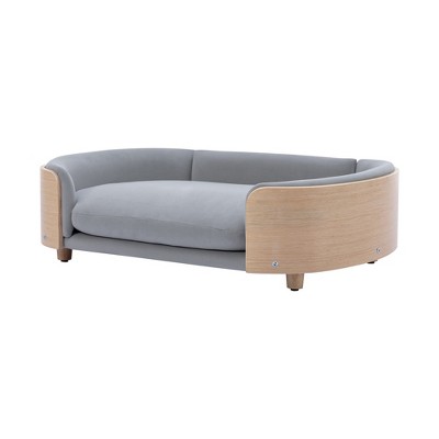 Gulches Scandinavian Style Large Dog Pet Sofa with Solid Wood Legs, Curved Wooden Back, Velvet Cushion in Light Gray