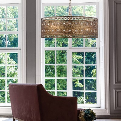 Elegant Brass and Crystal Drum Chandelier, 26" Glam Pendant Light