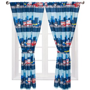 Everyday Kids Rescue Fire and Police Drapes Themed Bedroom Décor with Trucks and Cars; 4-Pc Kid Curtains with 2 Tiebacks - 1 of 4