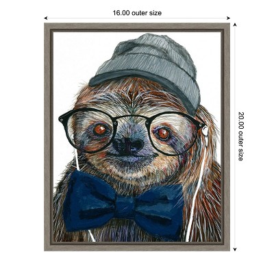 Framed Hipster Sloth Canvas Print with Gray Cap and Blue Bowtie