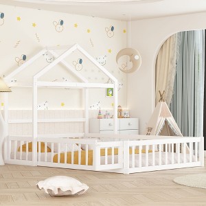 NicBex Twin/Full Size Kids Montessori Bed with Detachable House Shape Headboard,Floor Bed with Kids Dress Up Rack and Fence,Toddler bed for Bedroom - 1 of 4