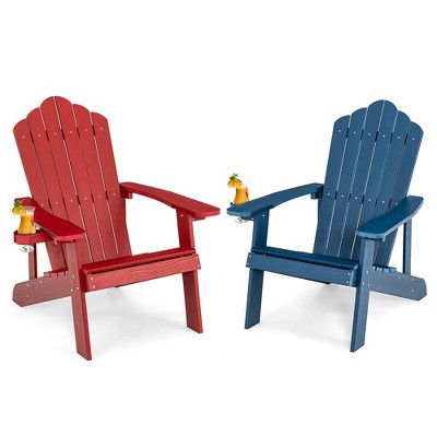 Tangkula 2PCS Patio HIPS Adirondack Chair w/ Cup Holder Weather Resistant 380 LBS Red & Navy