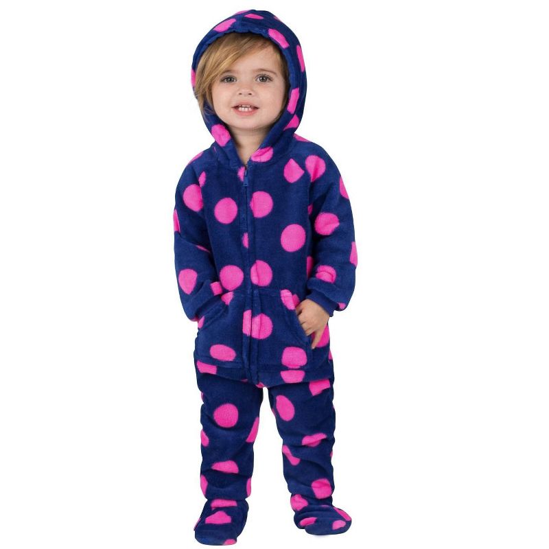 Footed Pajamas - Navy Pink Polka Infant Hoodie Chenille Onesie, 1 of 3