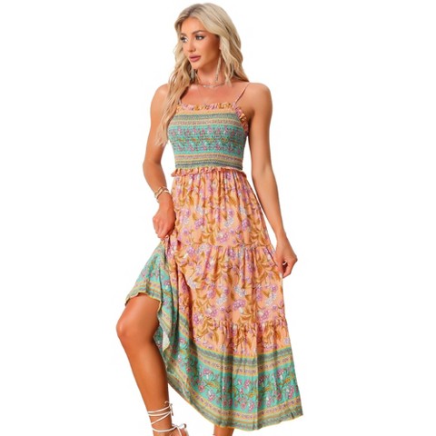 Женские платья INSPIRE CHIC Women's Summer Spaghetti Strap A-Line Flowy Smocked Midi Boho Floral Sundresses Orange X-Small