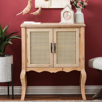 Natural Wood and Rattan Two-Door Accent Cabinet