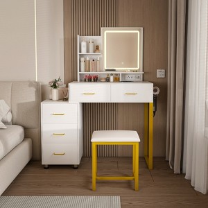 VYNXARIA Makeup Vanity with 5 Drawers with Sturdy Metal Leg and Metal Chair Dressing Table for Bedroom Dressing Room (White) - 1 of 4