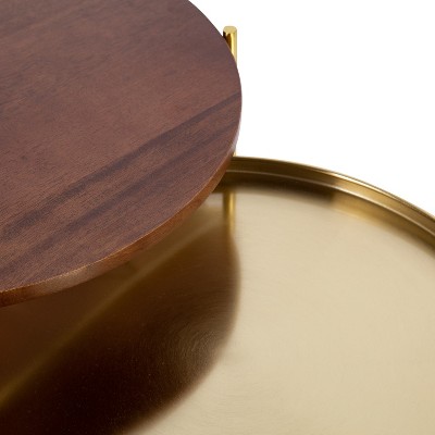Ulani Nesting Side Table Set, Walnut Brown Wood and Gold Metal