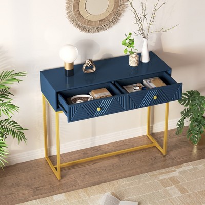 KWPZQEB Modern Console Table, Entryway Table with 2 Drawers, Narrow Sofa Foyer Table with Metal Legs, Sleek Console Table for Entryway, Hallway