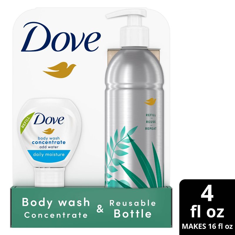 Dove Beauty Daily Moisture Body Wash Refill Concentrate &#38; Reusable Aluminum Bottle - 4 fl oz/Makes 16 fl oz, 1 of 9