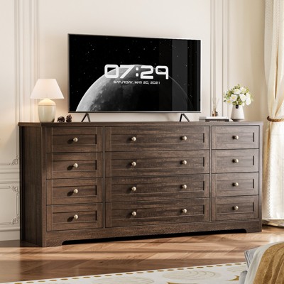 Wood Dressers for Bedroom with 12 Drawers, 63" Long Wooden Dresser, 16" Wide TV Stand for 65 Inch TV, Solid Wood Dressers for Bedroom、Living Room