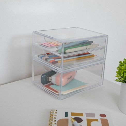 Martha Stewart Plastic Stackable Office Desktop Organizer with 2 Pullout Drawers Clear